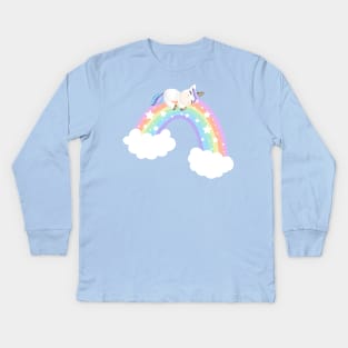 Cute unicorn laid on a rainbow Kids Long Sleeve T-Shirt